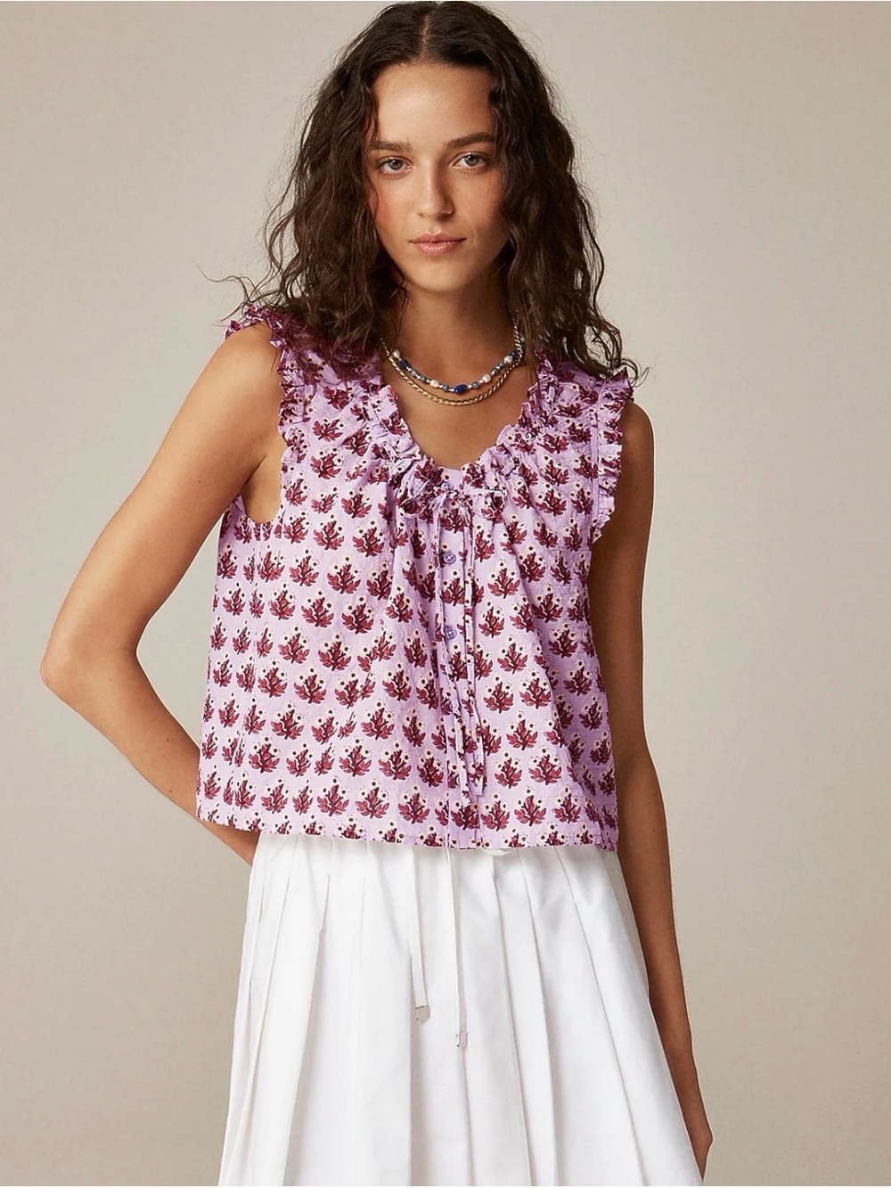 NWT J. Crew Lavender Ruffle Trim Floral Button-Up Sleeveless Top in Size Large